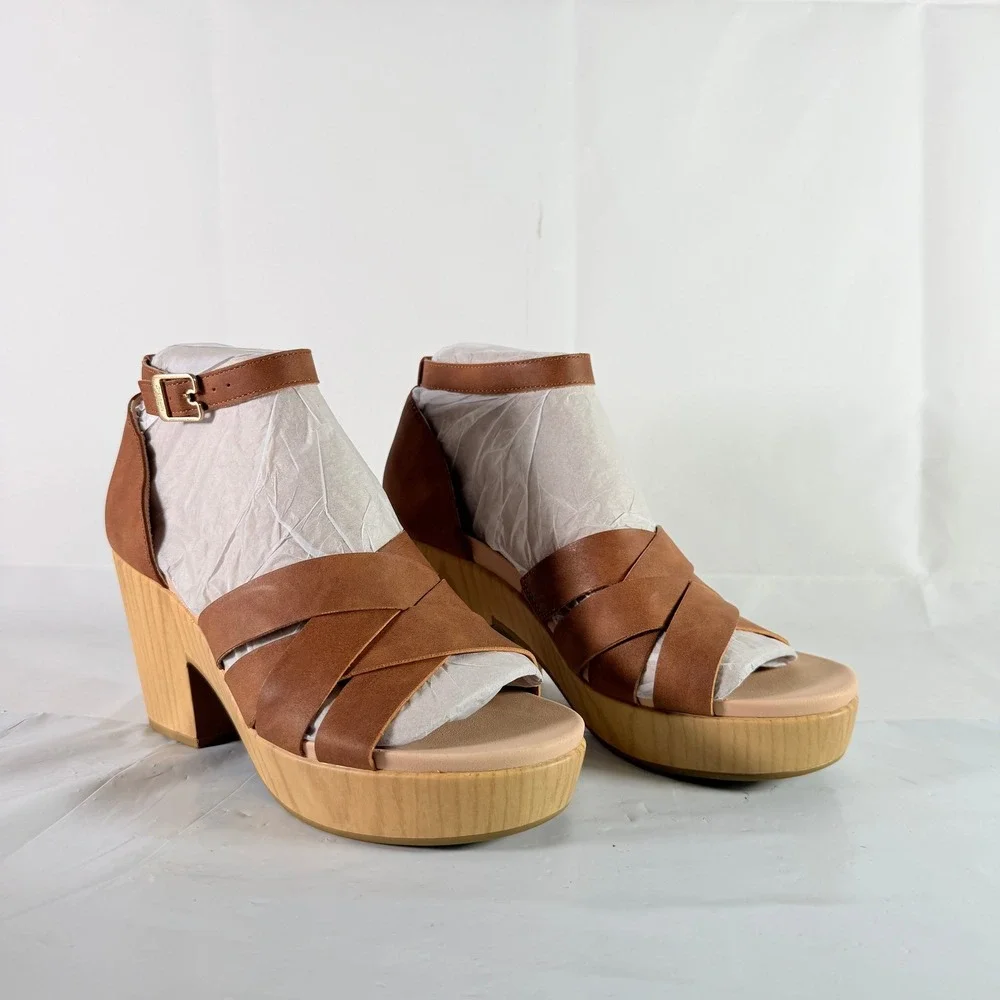 Dr. Scholl's Blissful Platform Heeled Sandal Brown Faux Leather Womens 9.5M